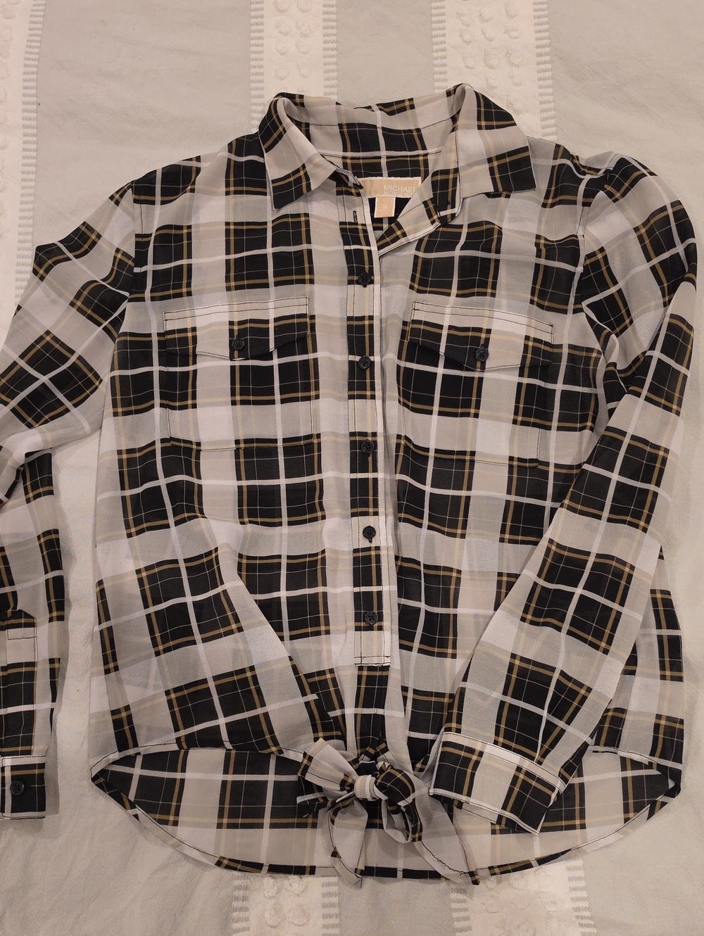 Michael Kors Black White and Tan Plaid Button-Front Blouse